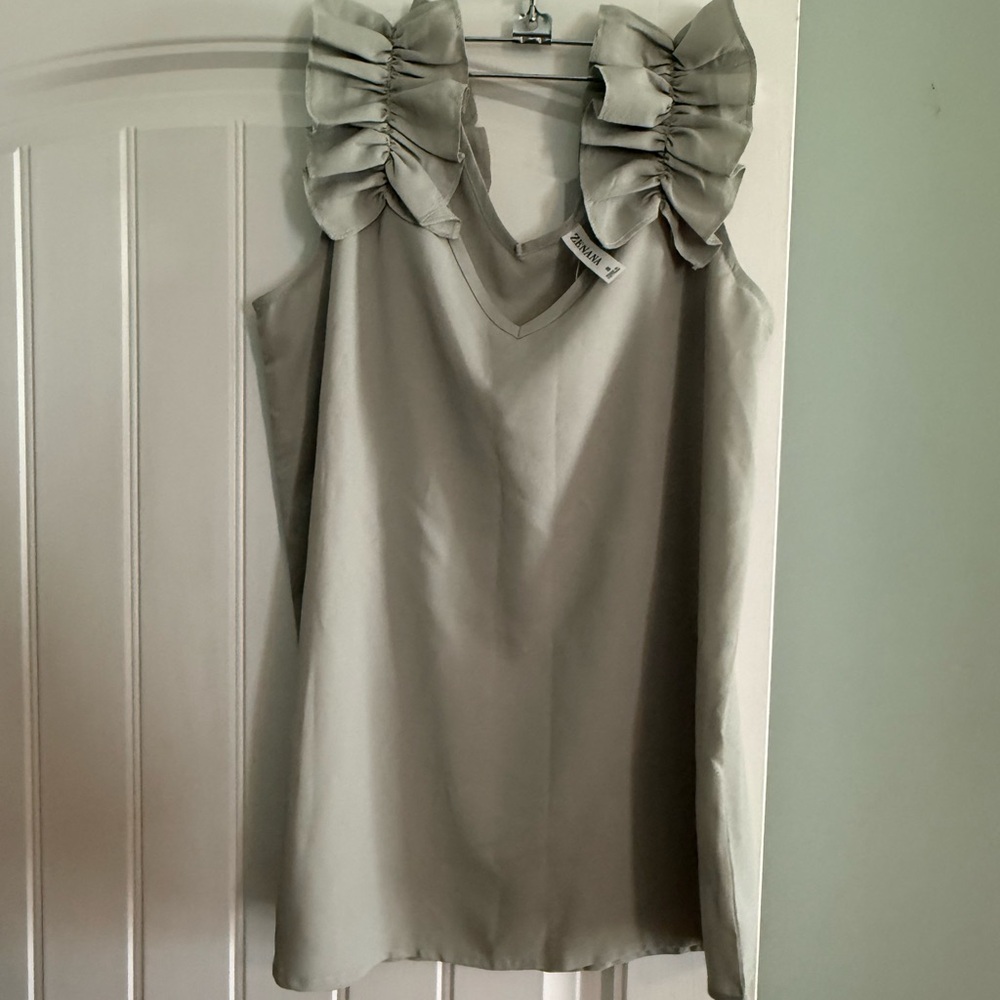Zenana Elegant Gray Sleeveless Top with Ruffle Shoulders small